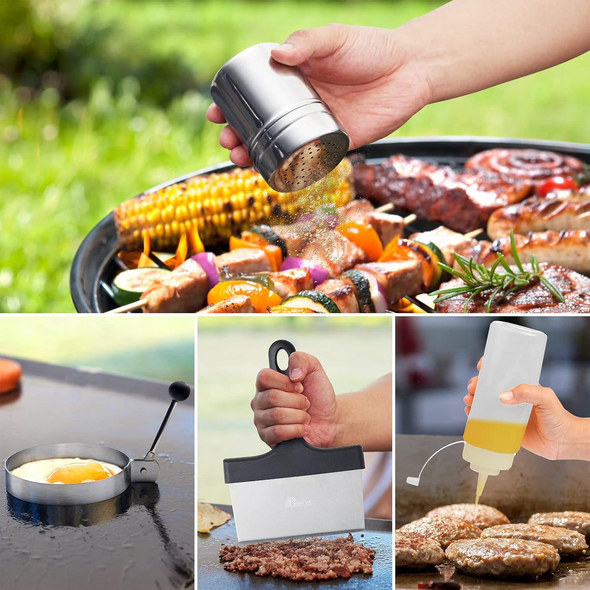 15 Pcs Flat Top Grill Accessories Kit with Spatula Set, Basting Cover and Burger Press I673