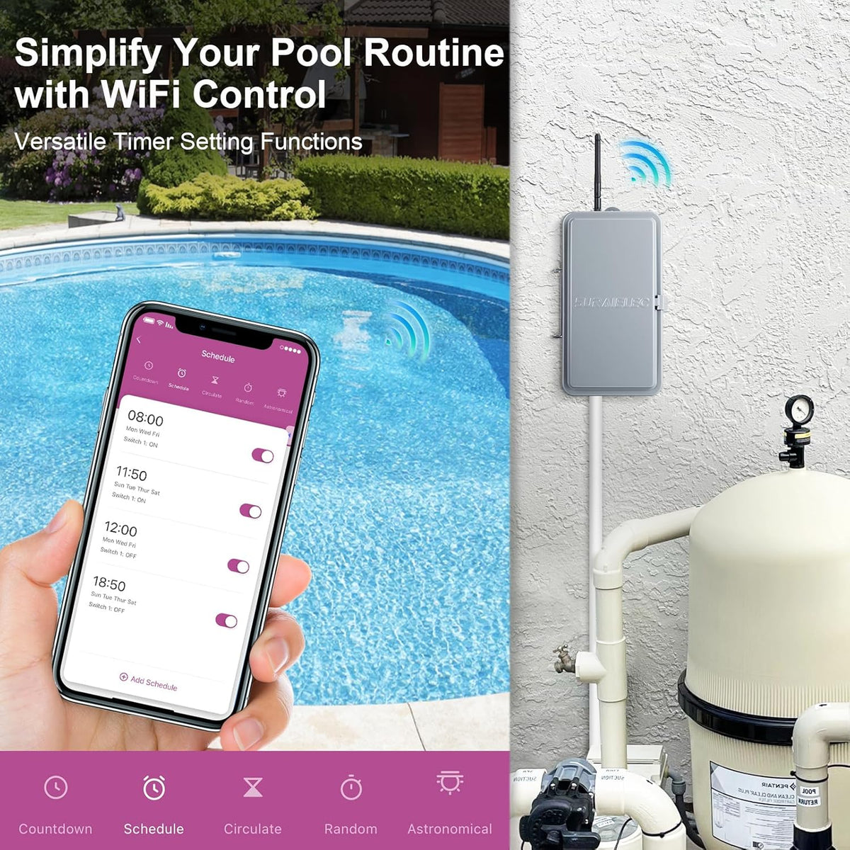 WiFi Smart Pool Timer, 40 AMP, Outdoor Heavy Duty Metal Casing J12574