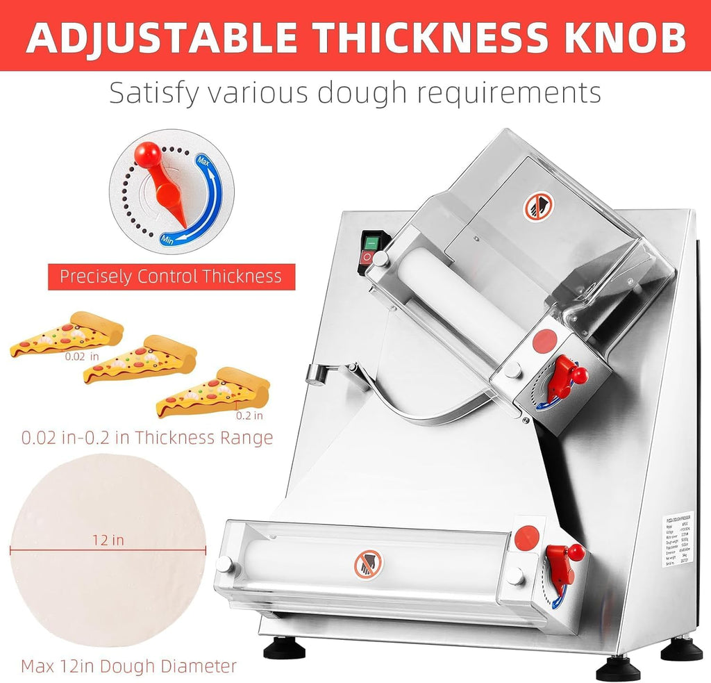 Commercial Pizza Dough Roller Sheeter, Max 12", Automatic 370W Electric, Stainless Steel D25651