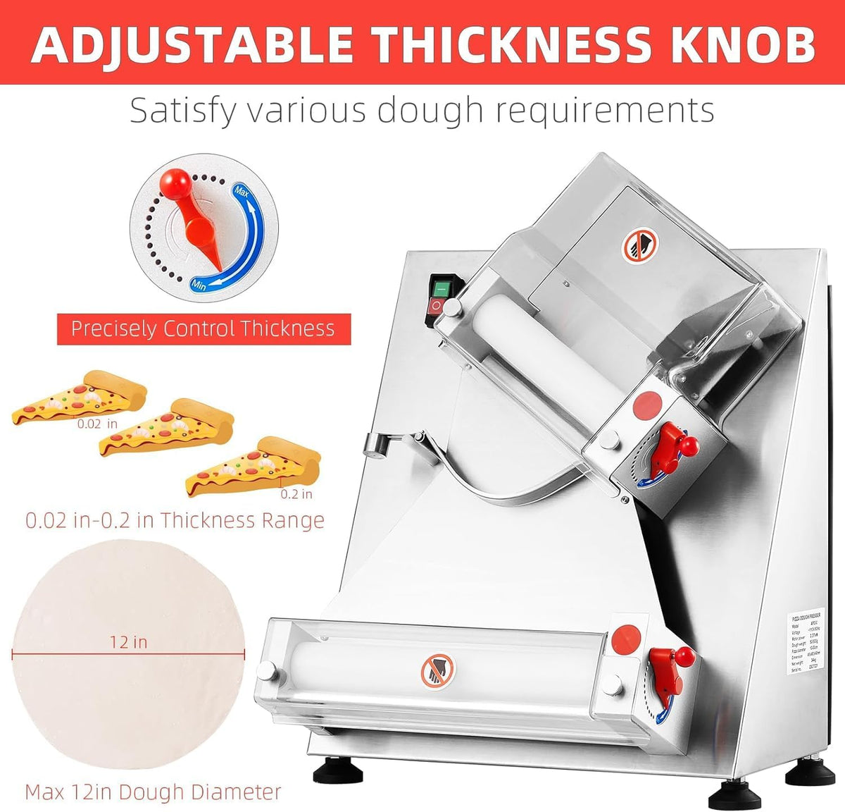 Commercial Pizza Dough Roller Sheeter, Max 12", Automatic 370W Electric, Stainless Steel D25651