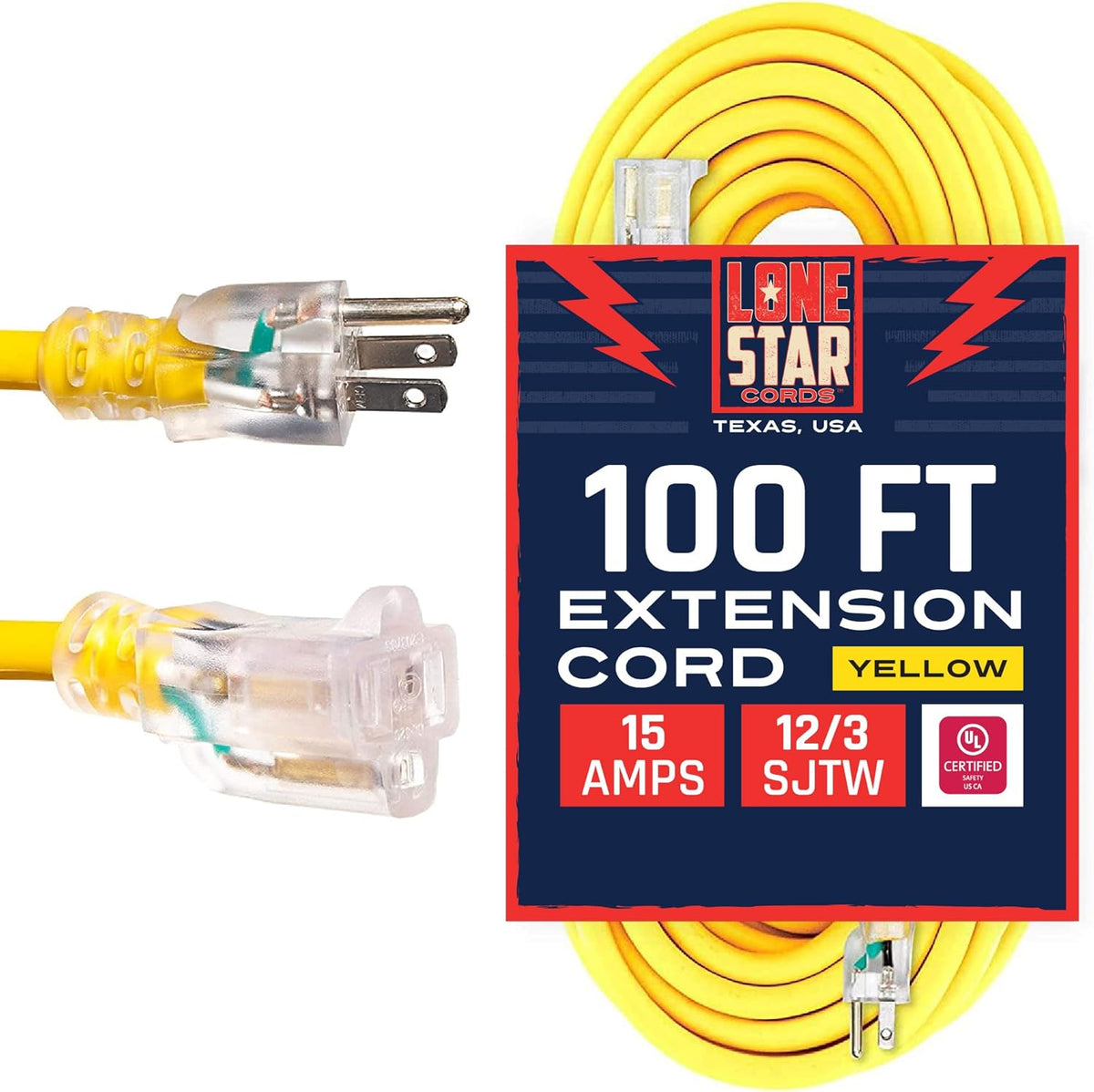 100 Foot 12/3 SJTW Lighted Extension Cord Yellow 3 Prong Grounded Plug 12 Gauge M68871
