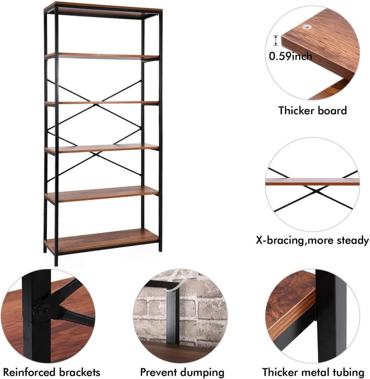 Industrial 5 Shelf Metal and Wooden Bookshelf J18254