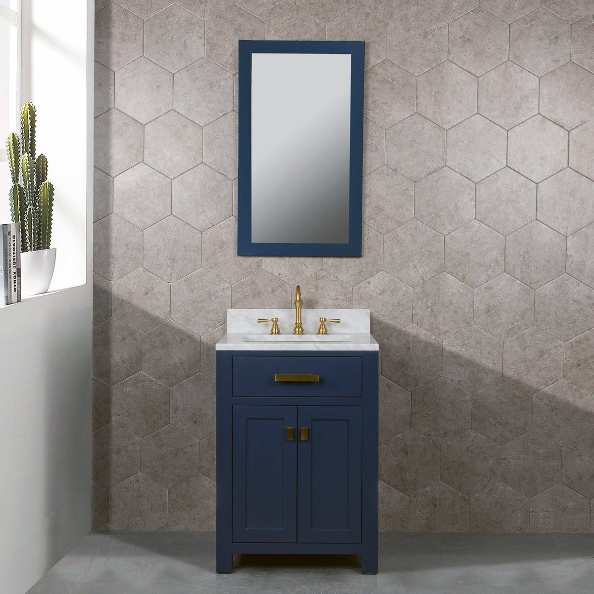 24 inch Single Sink Carrara White Marble Vanity in Monarch Blue A4717