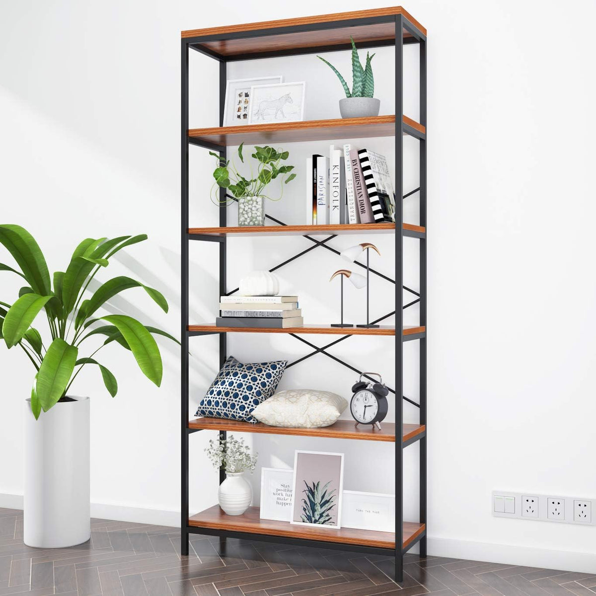 Industrial 5 Shelf Metal and Wooden Bookshelf J18254
