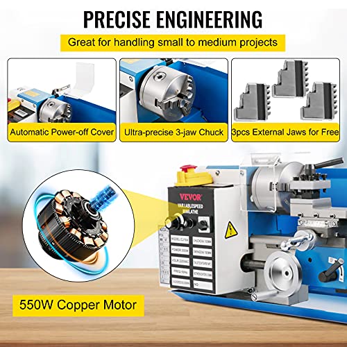 7"x14" 550W Variable Speed Metal Lathe with 3-jaw Chuck Digital Display G18757