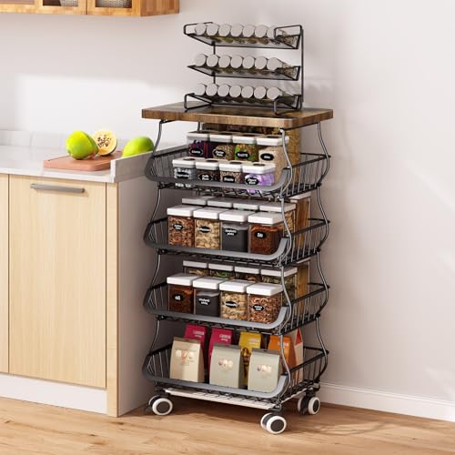 White 5 Tier Wire Fruit Basket with Wheels J368512