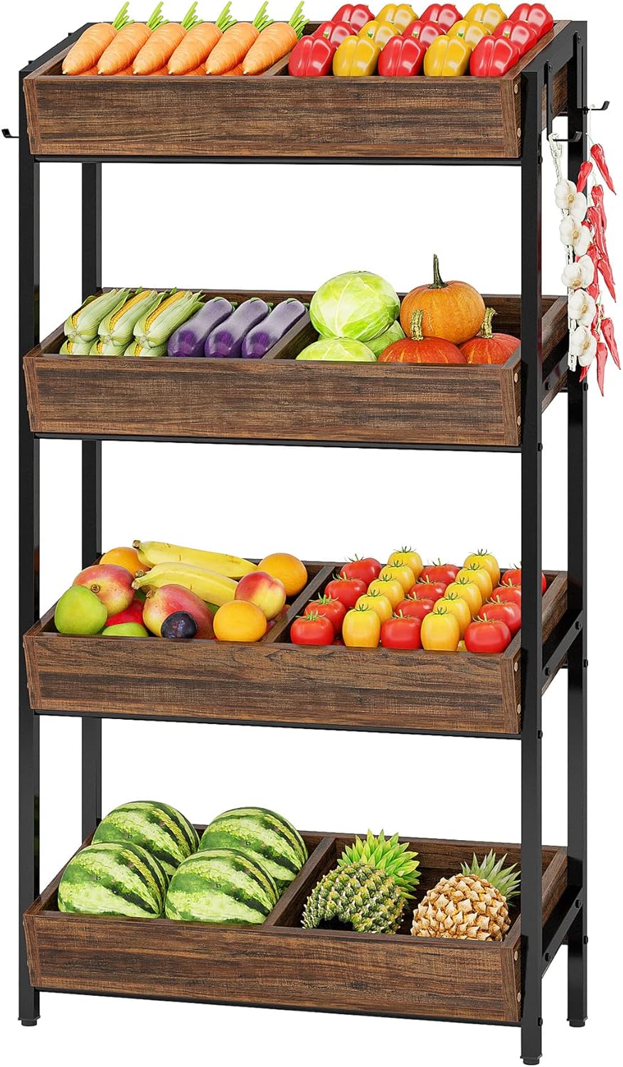 4-Tier Wood Fruit Vegetable Storage Basket Stand Shelf Rack Vintage Brown V68258