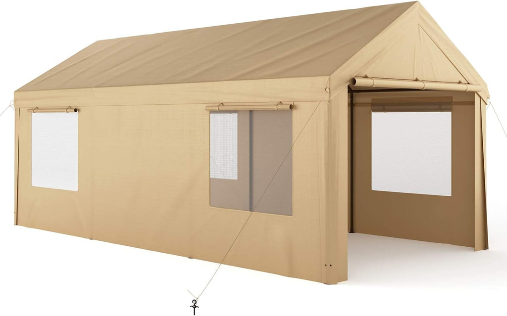 10x20ft Heavy Duty Carport with Removable Sidewalls & Doors, Beige O493220