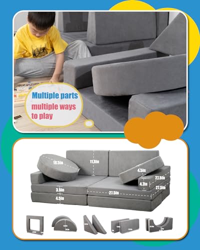 15PCS Modular Toddler Play Couch with Removable Cover Gray Foam Sofa J38088