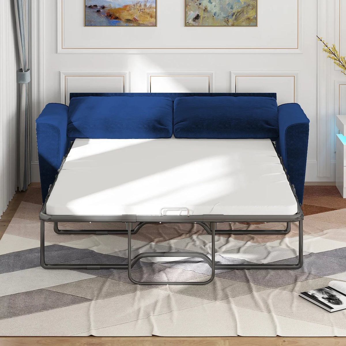 Blue Velvet Pull Out Sofa Bed with Foam Mattress P629