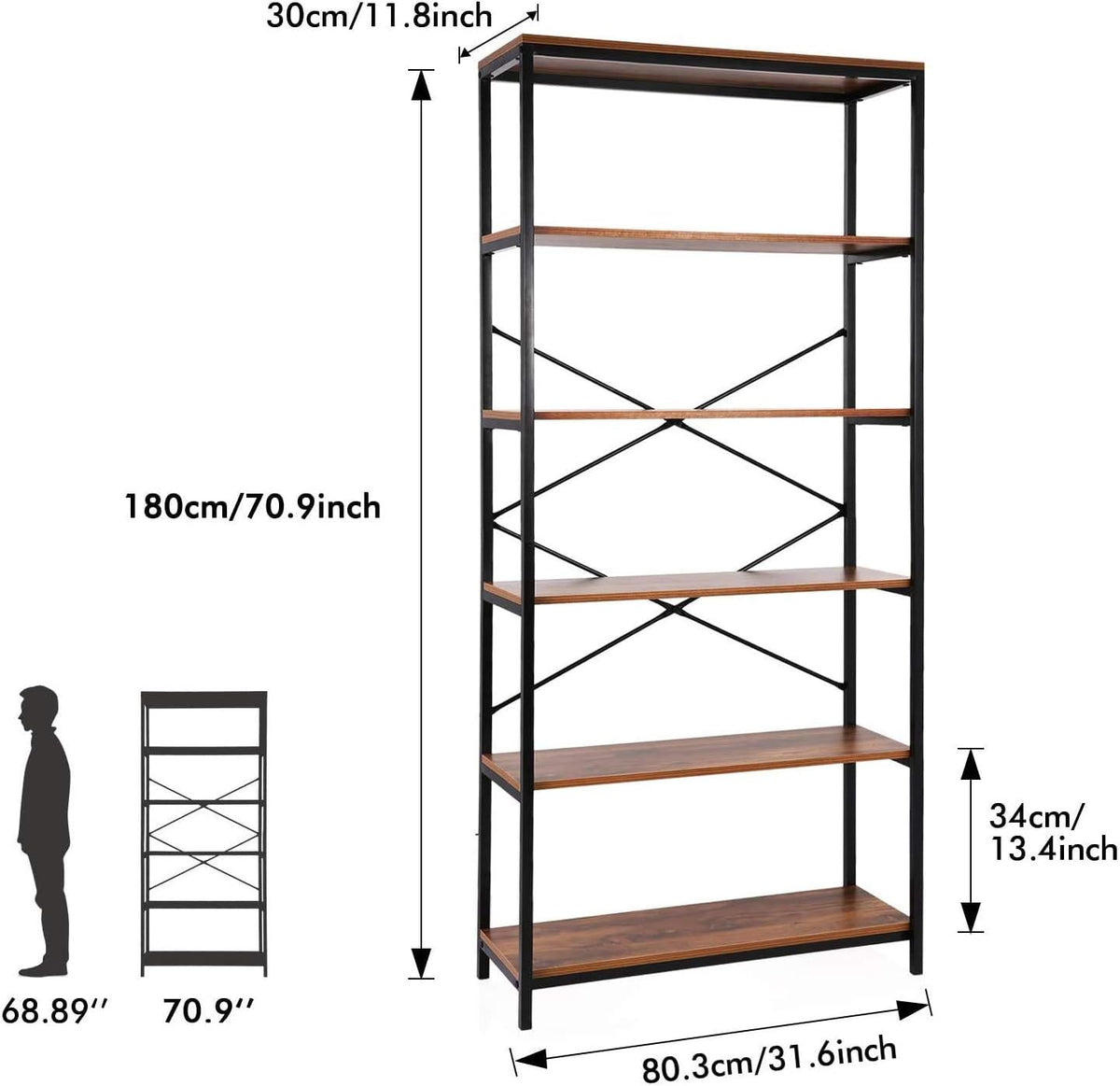 Industrial 5 Shelf Metal and Wooden Bookshelf J18254