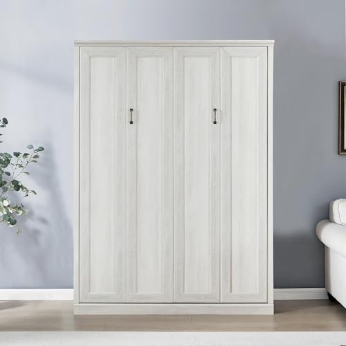 Rustic White Queen Size Solid Wood Murphy Bed V8029