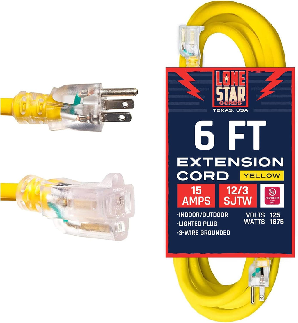 100 Foot 12/3 SJTW Lighted Extension Cord Yellow 3 Prong Grounded Plug 12 Gauge M68871