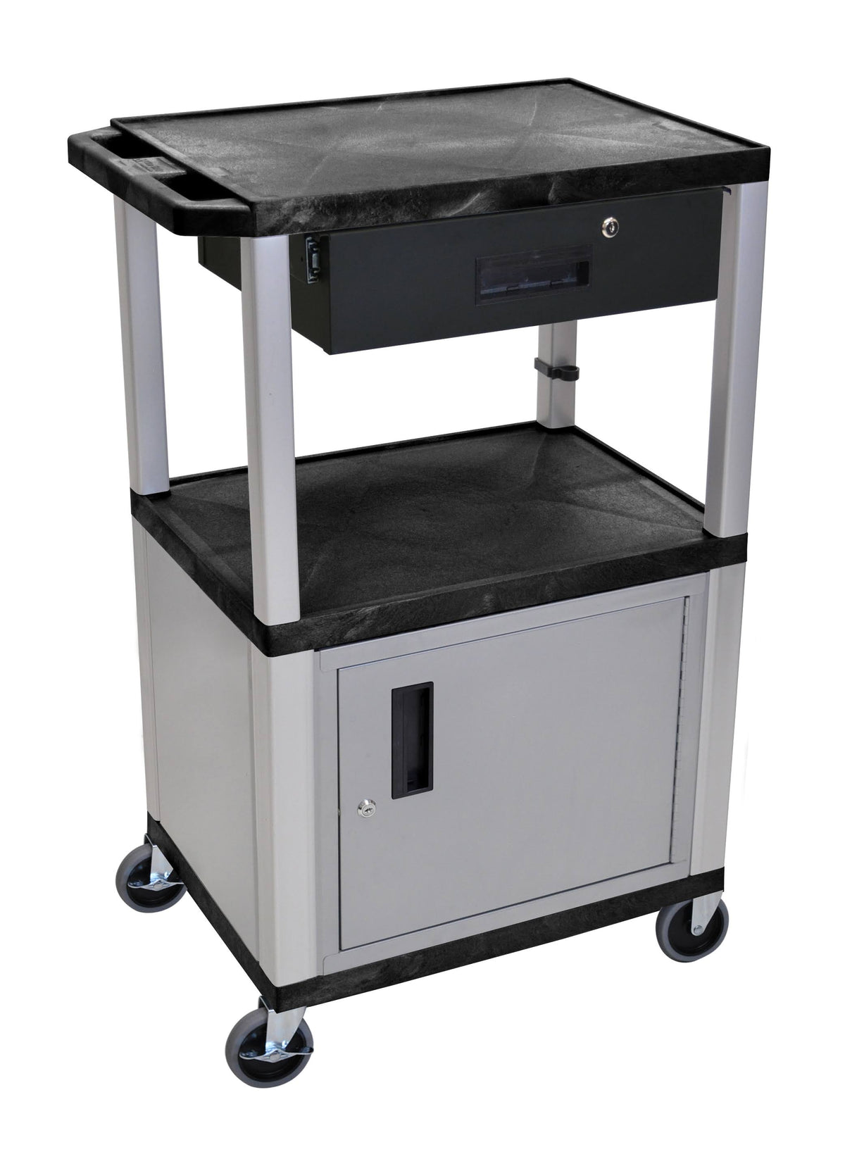 Black 42x22 A/V Cart with 3 Shelves, Cabinet, Drawer J8847