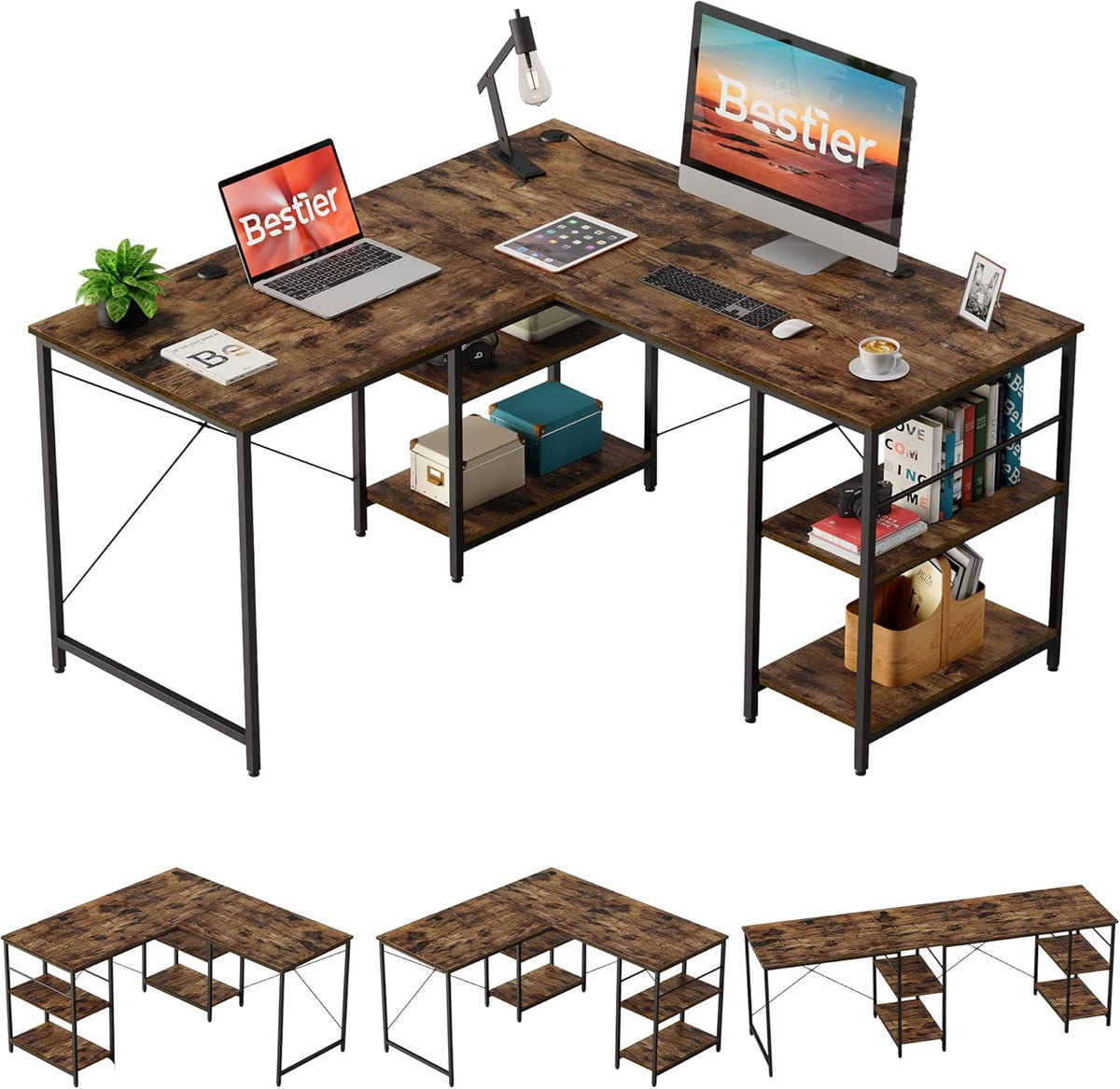 L Shaped Gaming Desk with Shelves 95.2 Inch Reversible Corner Computer Desk B560953