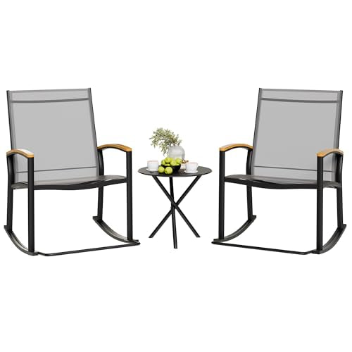 3 Piece Black Textilene Fabric Outdoor Rocking Bistro Set W18720