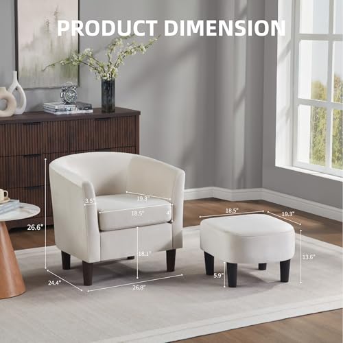 White Velvet Accent Barrel Chair with Ottoman F7660