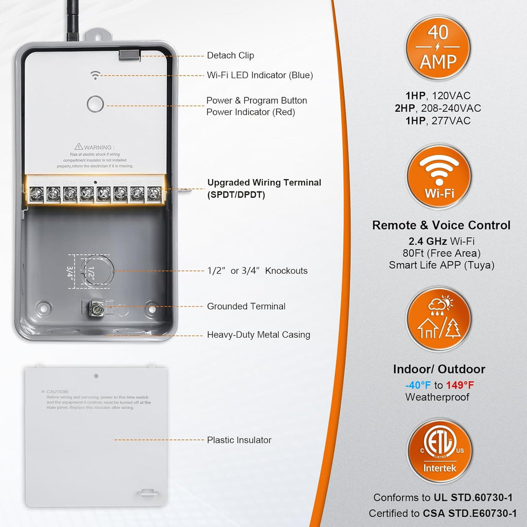 WiFi Smart Pool Timer, 40 AMP, Outdoor Heavy Duty Metal Casing J12574