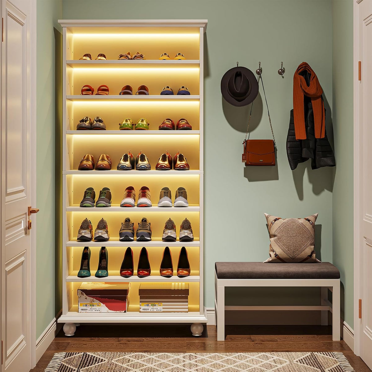 White 9-Tier 30 Pairs Shoe Storage Cabinet with Solid Wood Legs I37790