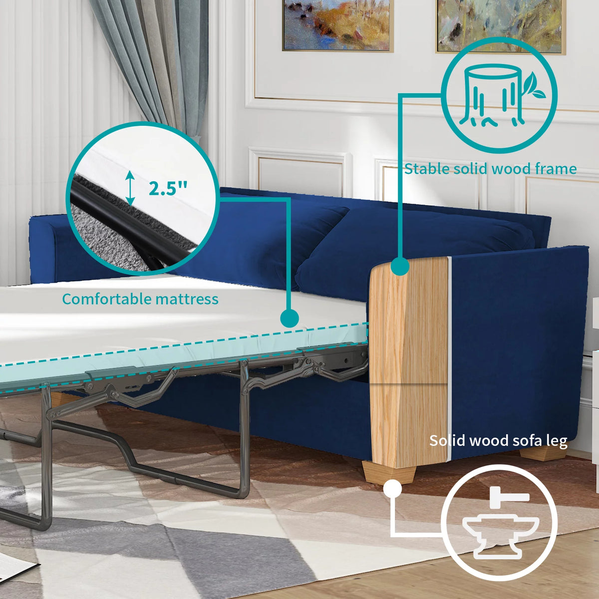 Blue Velvet Pull Out Sofa Bed with Foam Mattress P629
