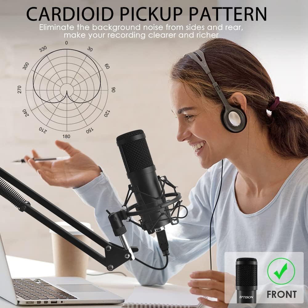 192kHZ/24bit USB Cardioid Condenser Microphone Kit with Boom Arm, Shock Mount, Pop Filter, Pack of 2 Y338715