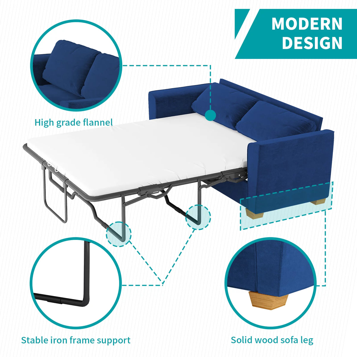 Blue Velvet Pull Out Sofa Bed with Foam Mattress P629