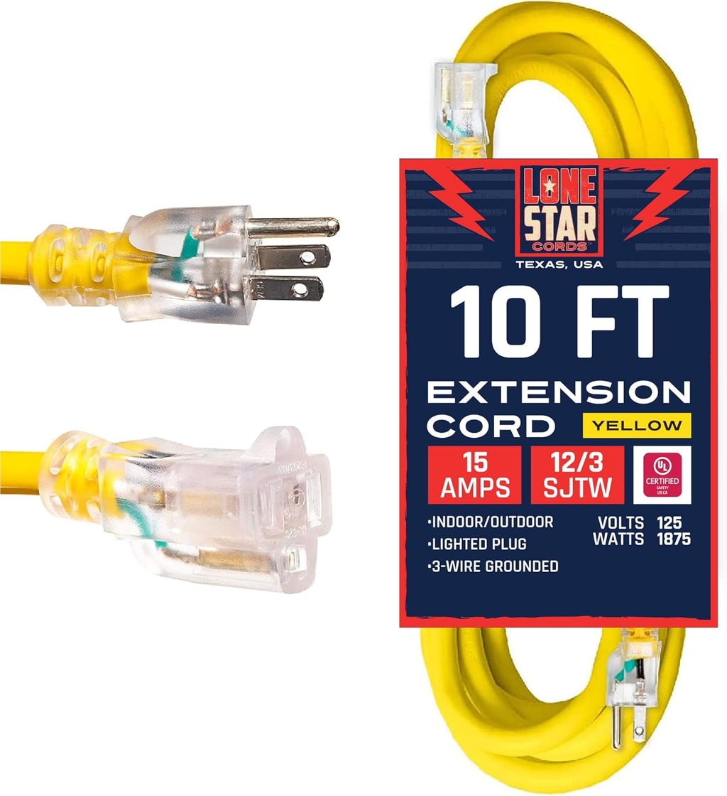 100 Foot 12/3 SJTW Lighted Extension Cord Yellow 3 Prong Grounded Plug 12 Gauge M68871