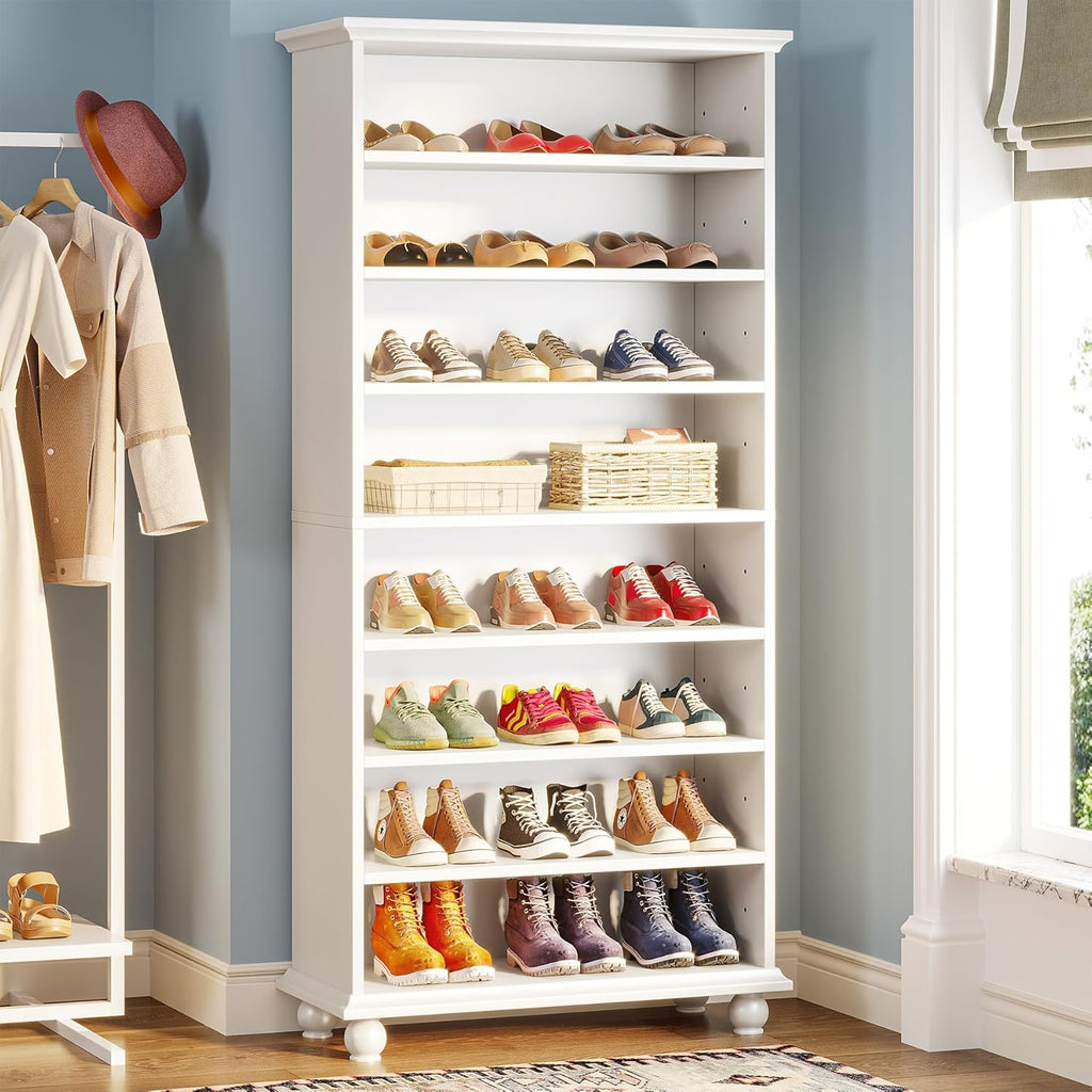 White 9-Tier 30 Pairs Shoe Storage Cabinet with Solid Wood Legs I37790