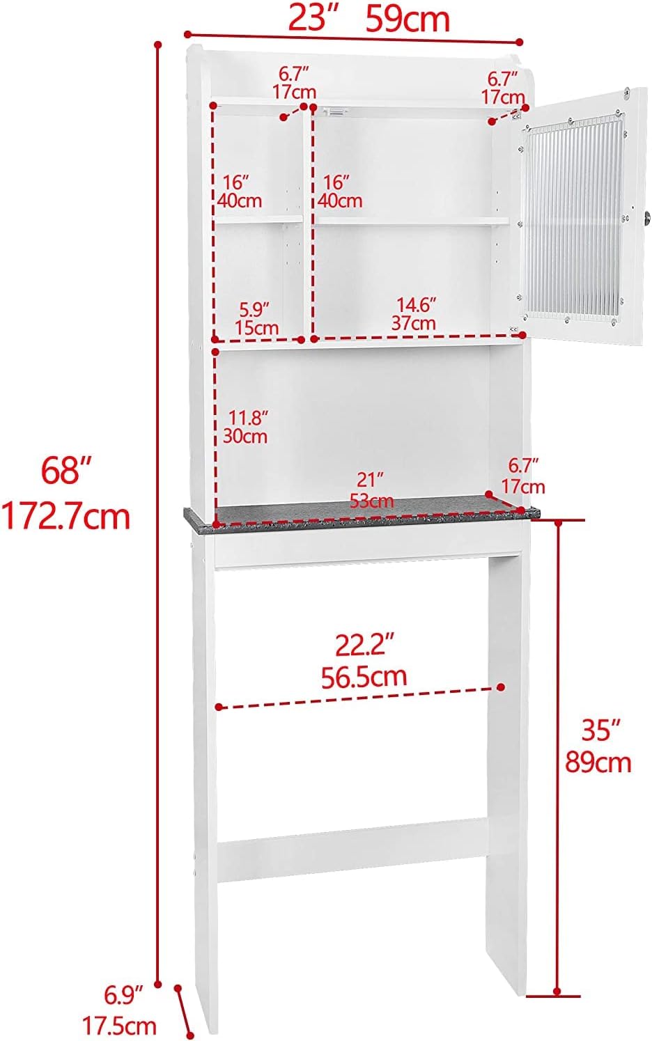 White 4-Tier Over The Toilet Storage Cabinet with Adjustable Shelves and Tempered Glass Door K764086