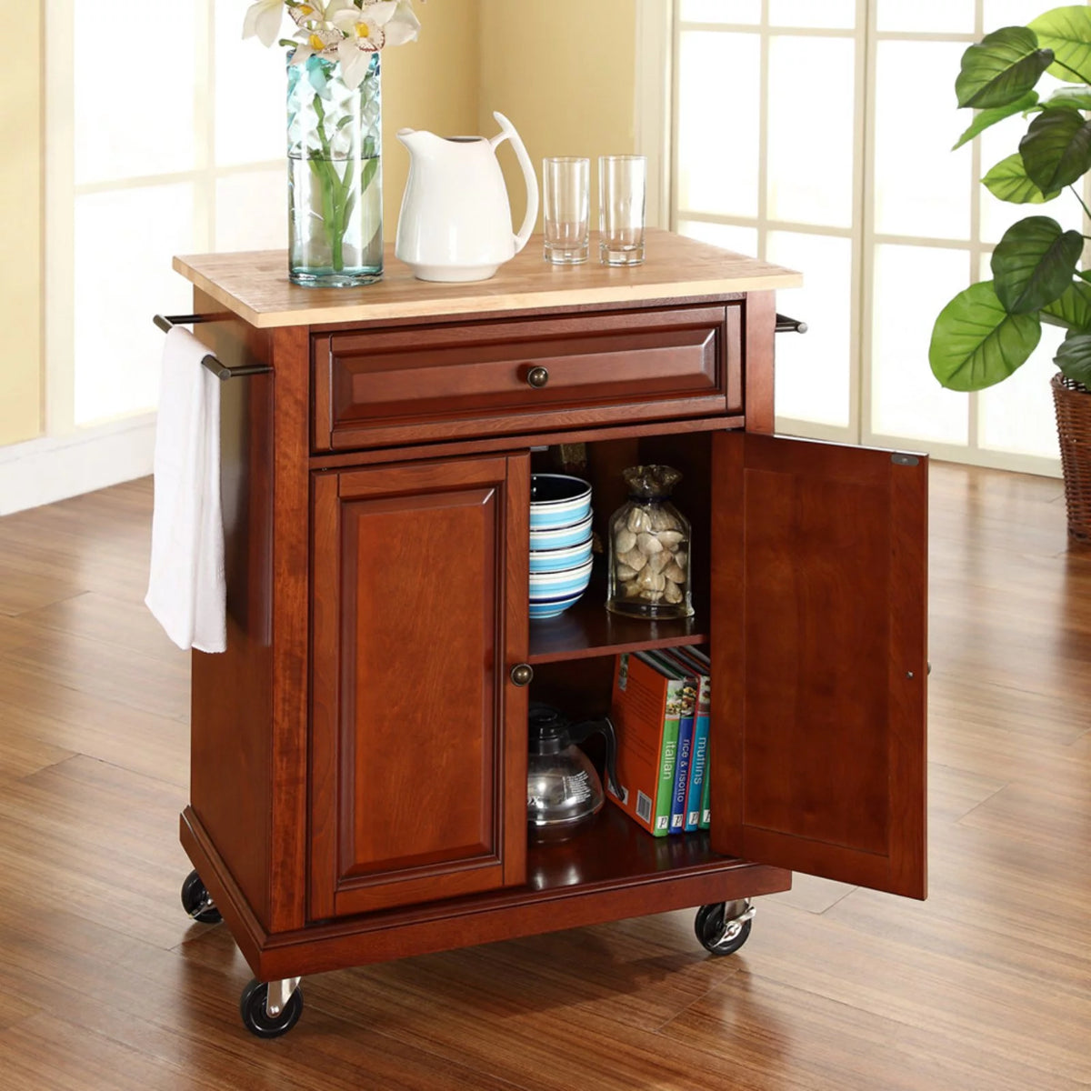 Natural Wood Top Portable Kitchen Cart B666176