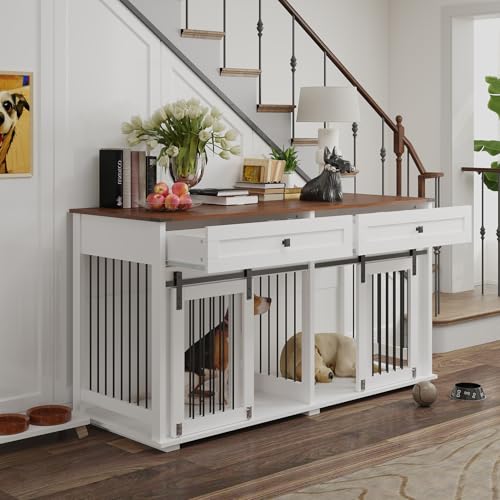 White Wooden Dog Crate Furniture with 2 Storage Drawers R837766