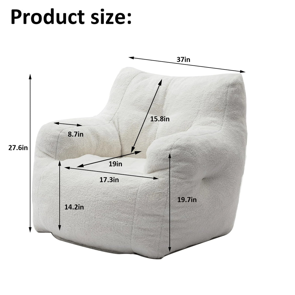 White Tufted Teddy Fabric Bean Bag Sofa with Armrest N38055