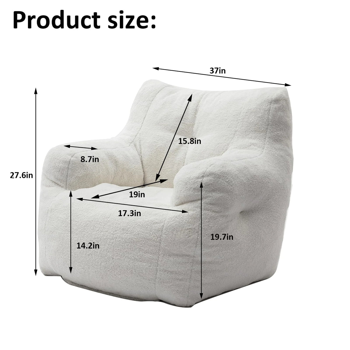 White Tufted Teddy Fabric Bean Bag Sofa with Armrest N38055