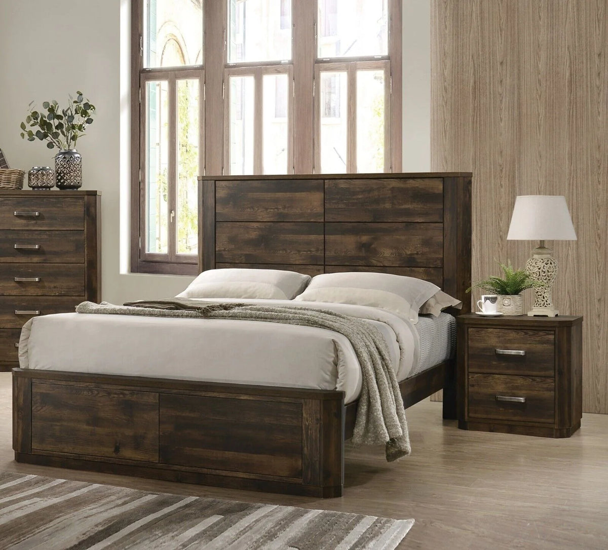 3pc Bedroom Set Eastern King Bed 2x Nightstands Rustic Walnut Finish E985