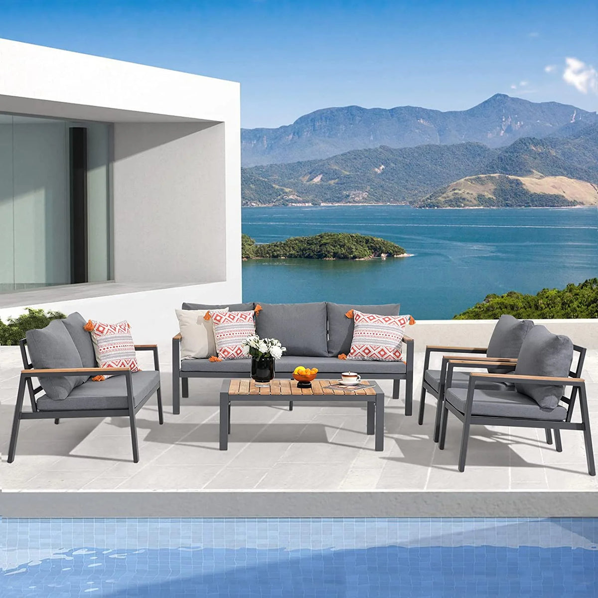5 Pieces Aluminum Patio Furniture Set with Coffee Table and Cushions I884