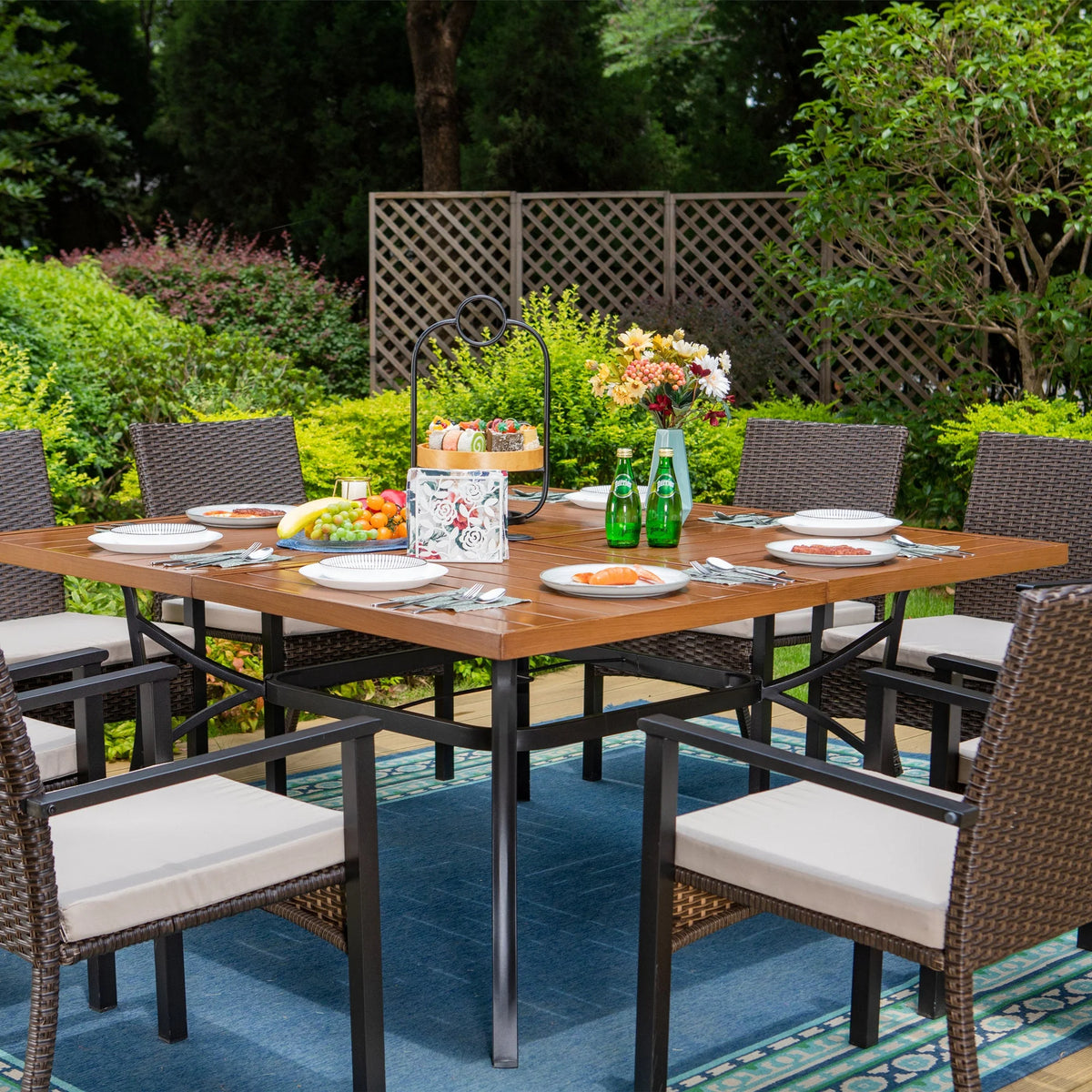 9-Piece Outdoor Dining Set with Wood Grain Table & Wicker Cushioned Chairs O51395