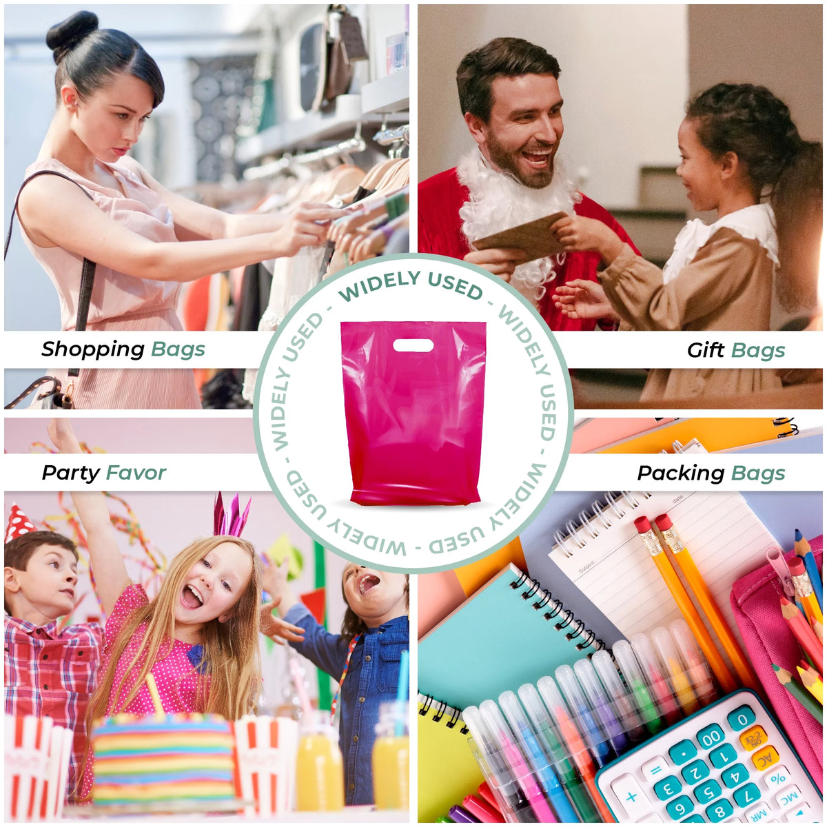 1000 Pack 9" x 12" 1.25 mil Pink Glossy Plastic Retail Bags with Die Cut Handle O90490