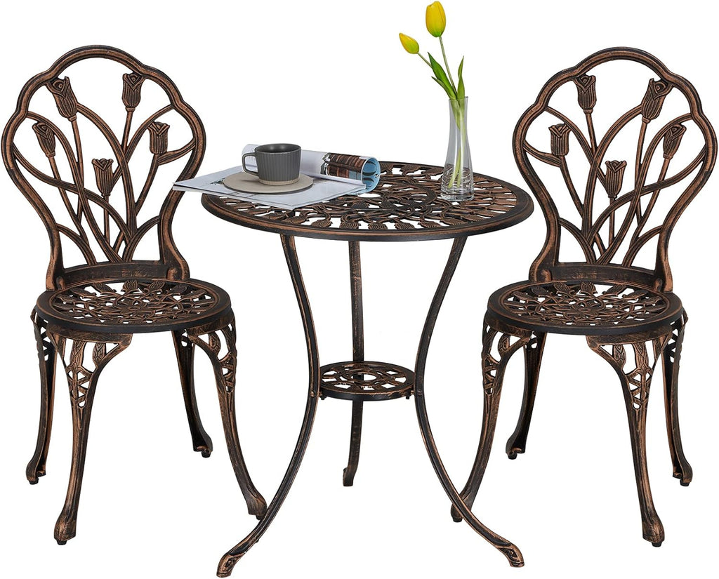 3 Piece Cast Aluminum Bistro Table Set with Umbrella Hole S268