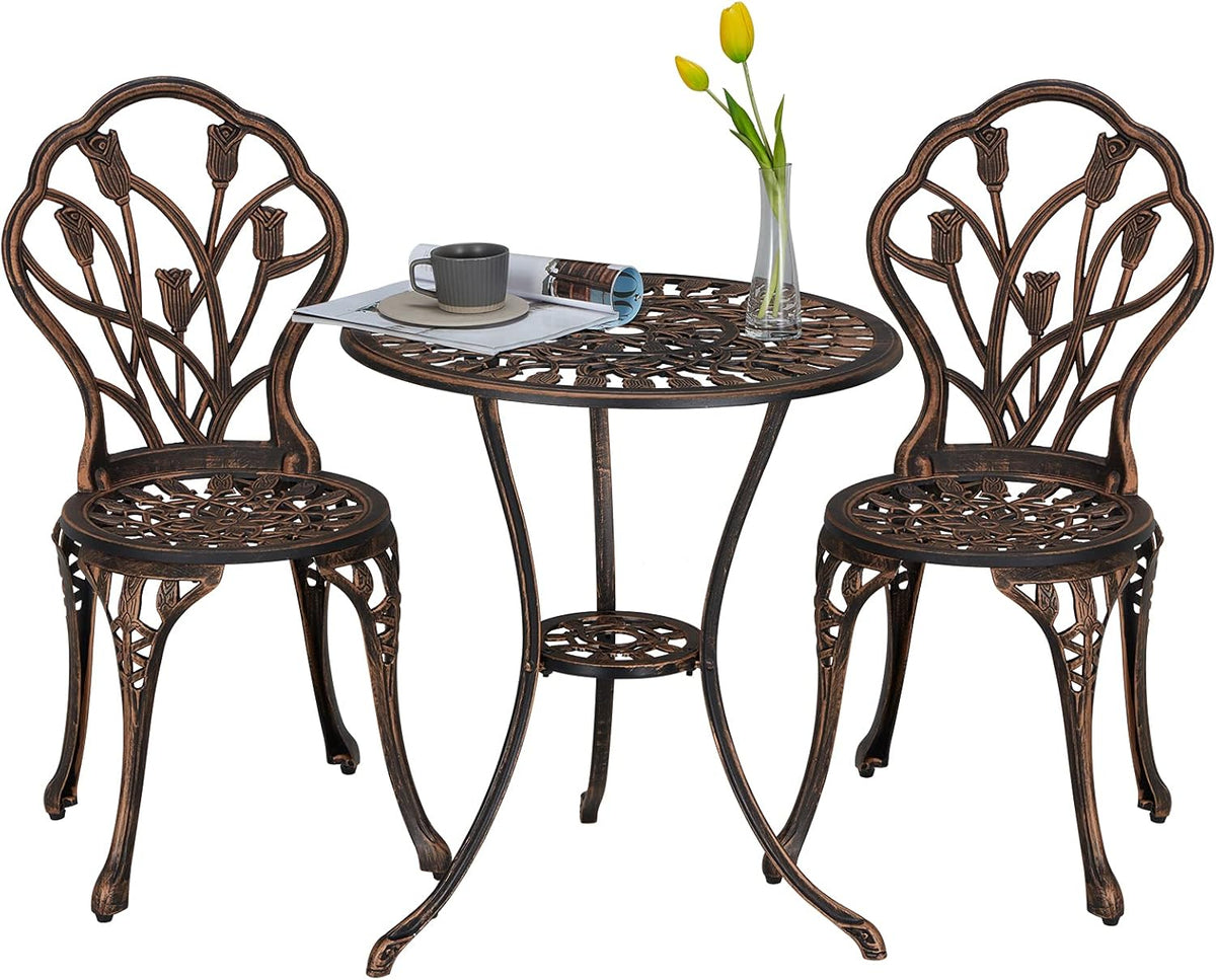 3 Piece Cast Aluminum Bistro Table Set with Umbrella Hole S268