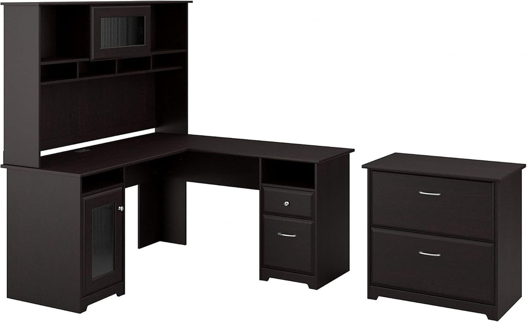 L Shaped Desk with Hutch and Lateral File Cabinet T95631