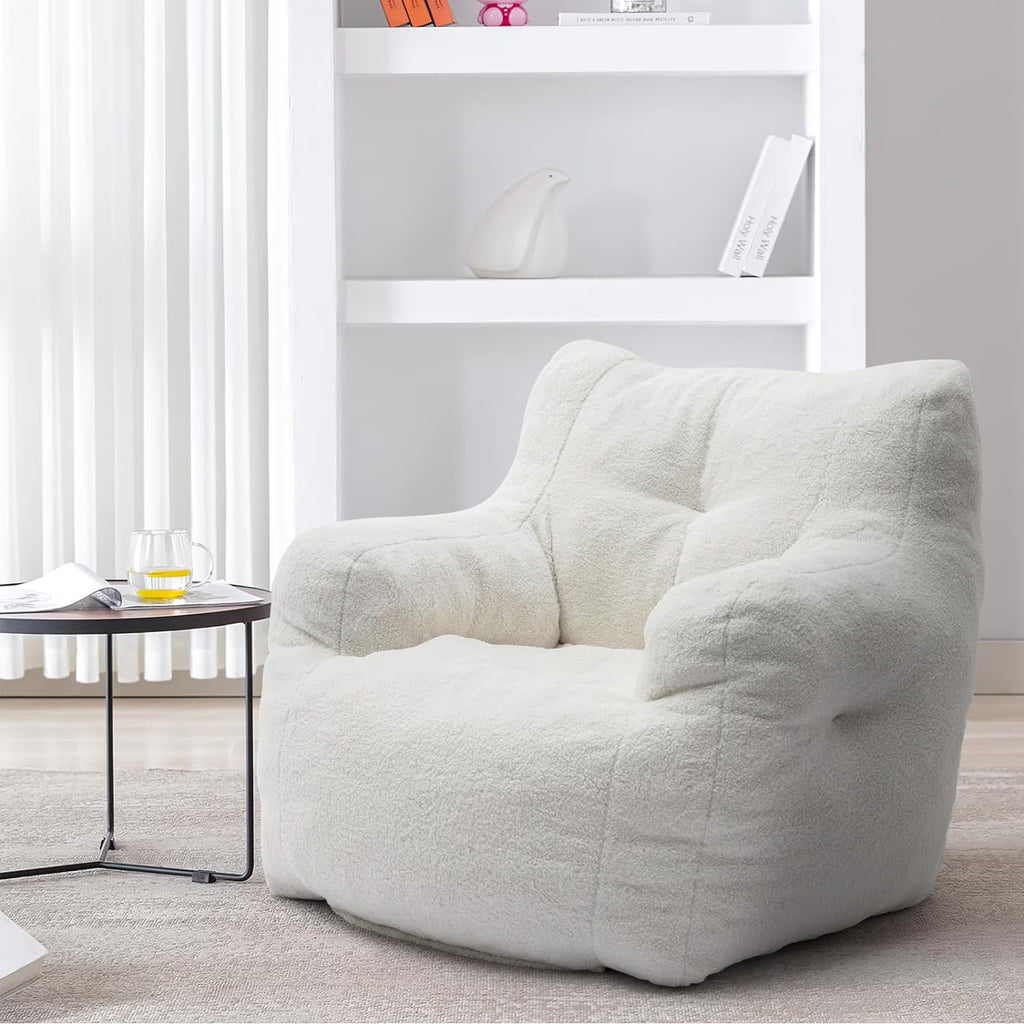 White Tufted Teddy Fabric Bean Bag Sofa with Armrest N38055