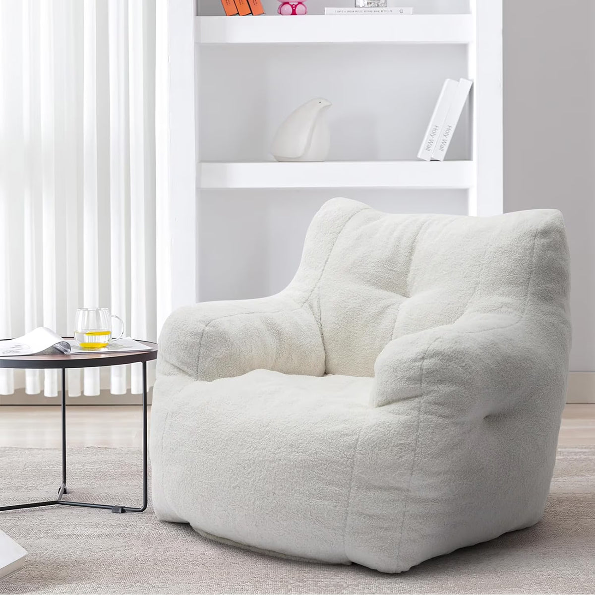 White Tufted Teddy Fabric Bean Bag Sofa with Armrest N38055
