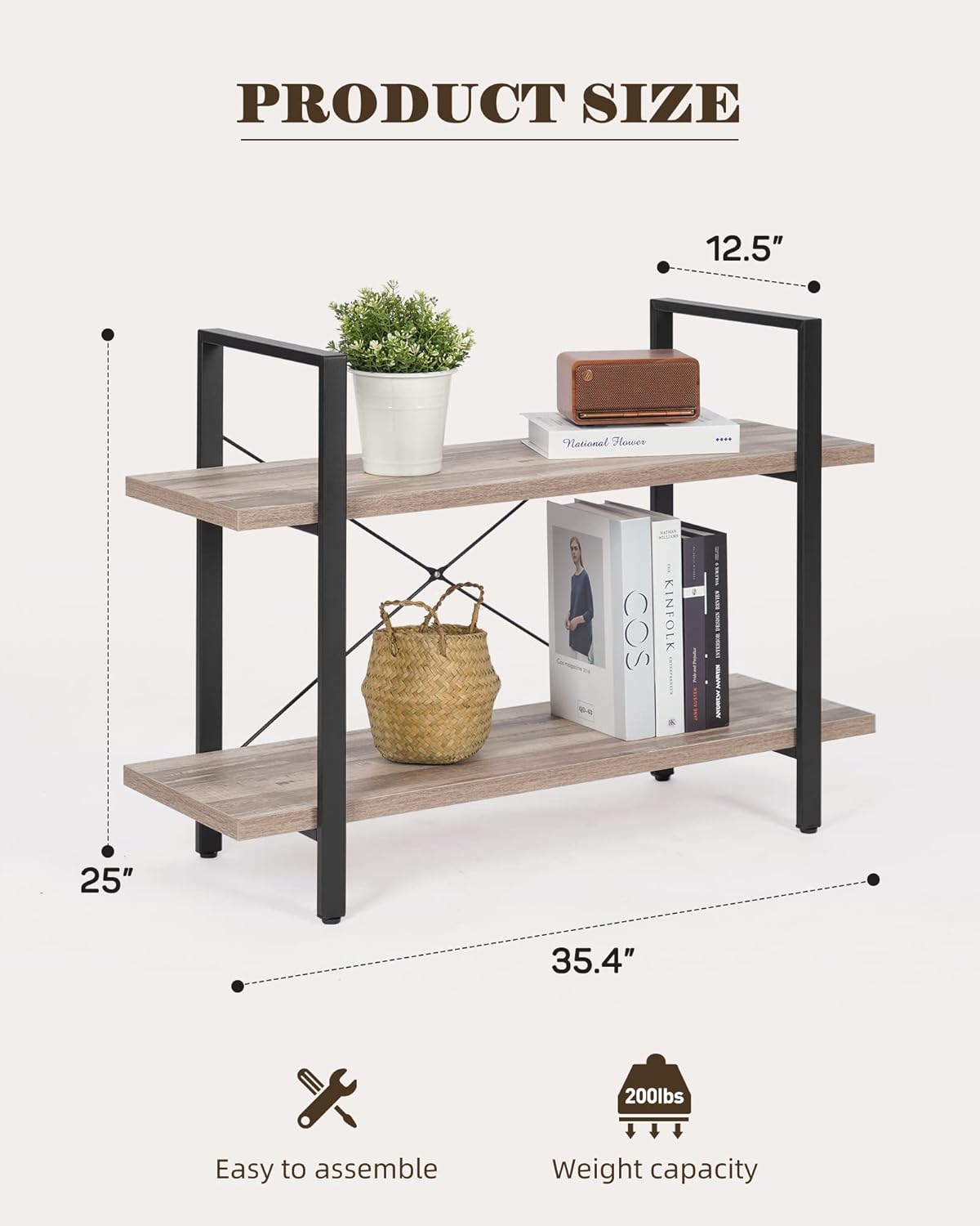 Industrial 2-Tier Wood and Metal Bookcase Z128