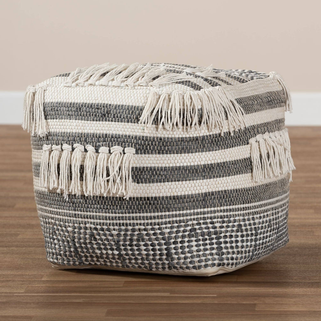Grey and Ivory Handwoven Pouf Ottoman E552