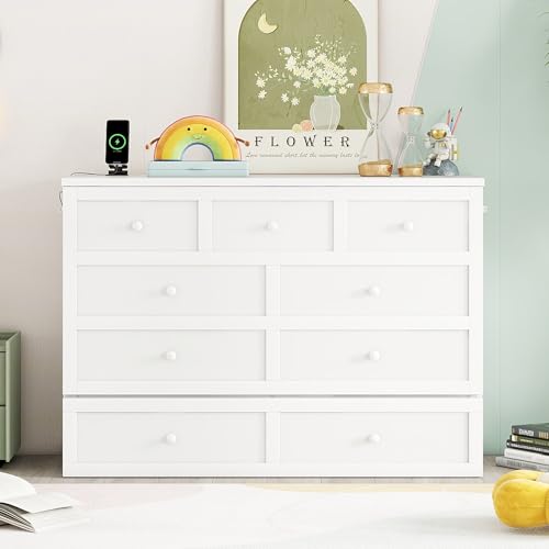 White Full Size Murphy Bed with Charging Station and Drawers G44395
