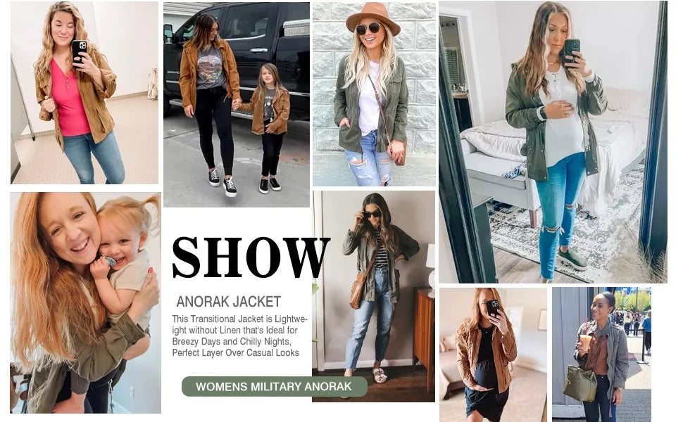 Women Military Utility Anorak Coat Zip Up Lightweight Jacket with Pockets Z56291