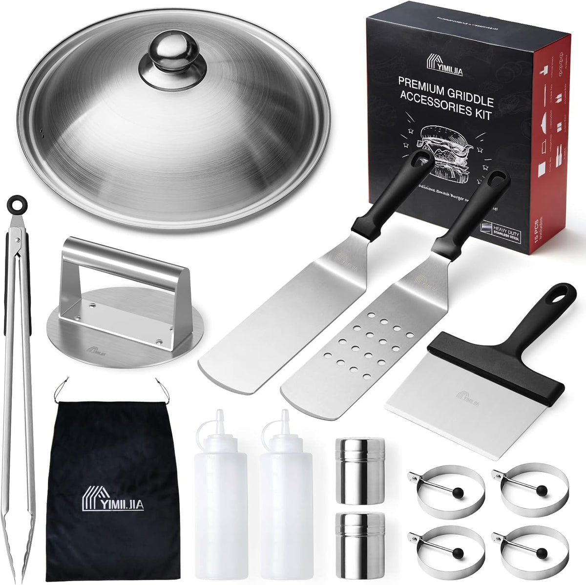 15 Pcs Flat Top Grill Accessories Kit with Spatula Set, Basting Cover and Burger Press I673
