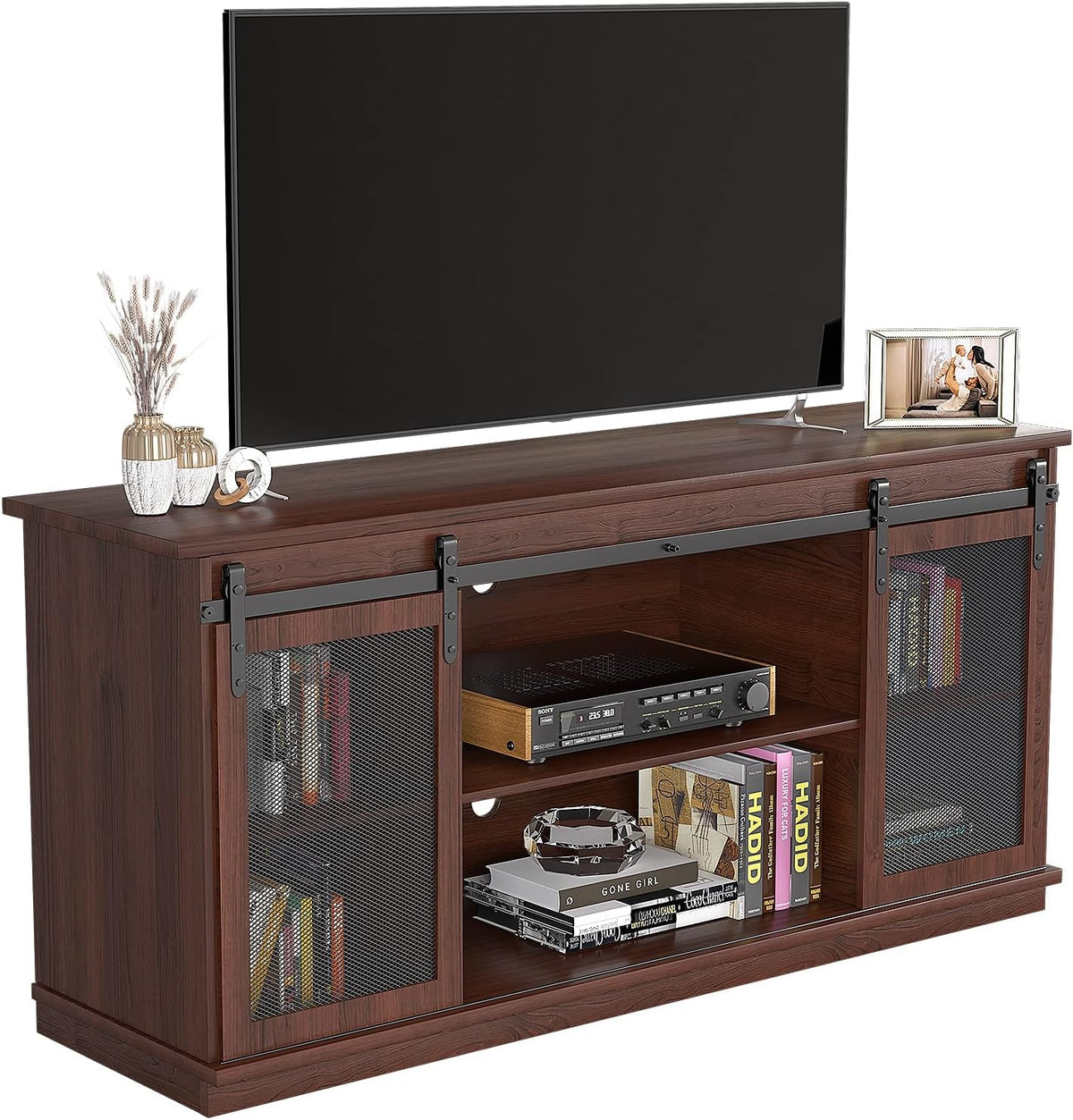 Farmhouse TV Stand with Sliding Barn Doors and Storage Cabinets (Brown) X53015