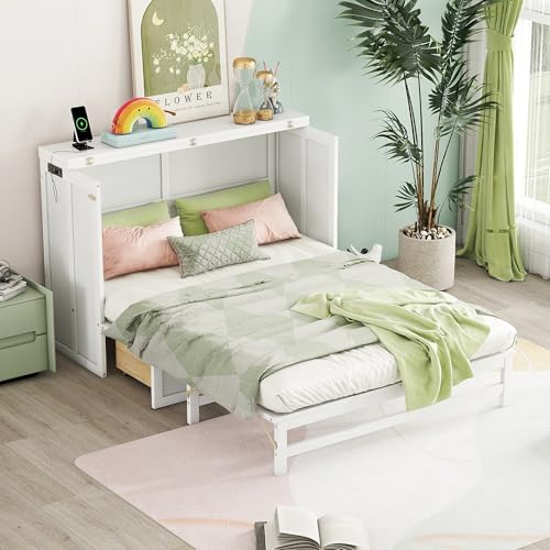 White Full Size Murphy Bed with Charging Station and Drawers G44395
