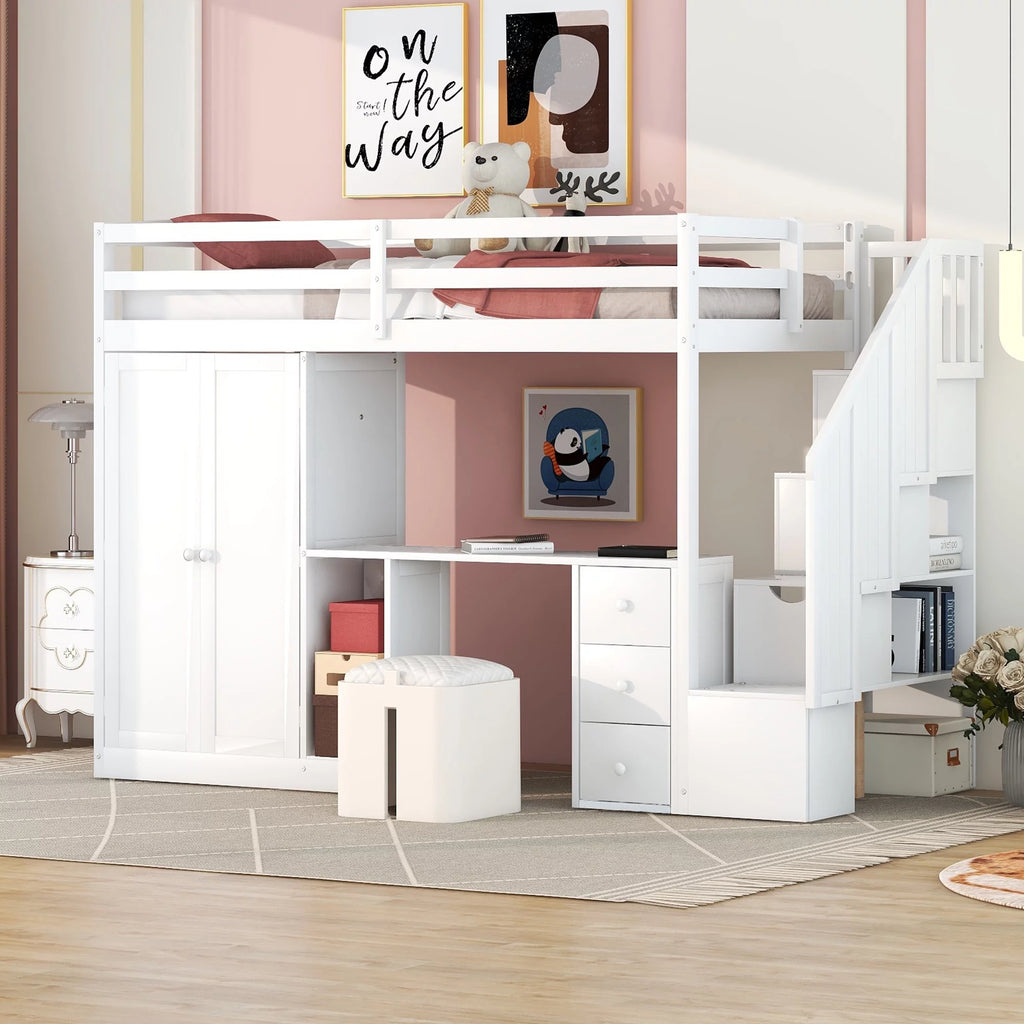 Twin Size White Wood Loft Bed with Wardrobe and Desk X88709